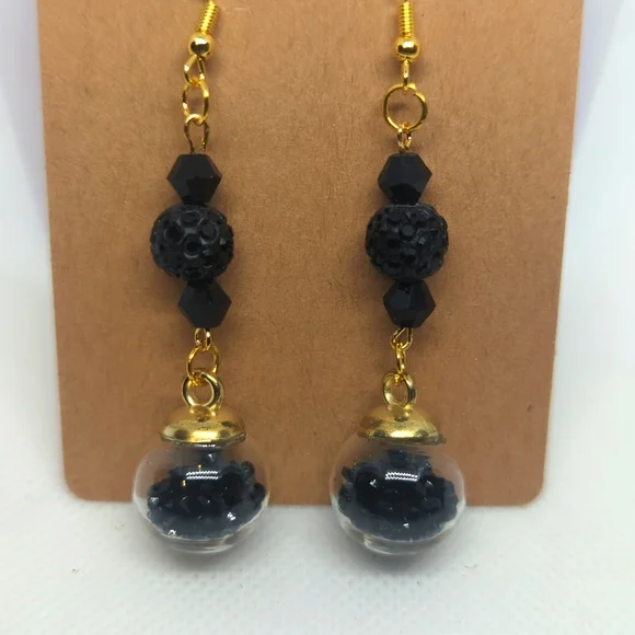 Black Glitter Ball and Bead Earrings - Picture 2 of 3